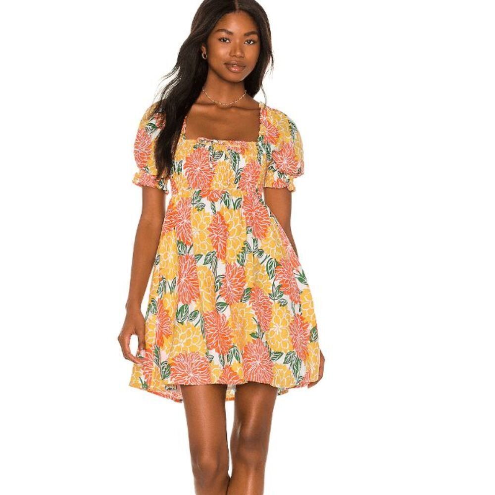 Faithfull the Brand Miguelina Mini Dress Mariposa Floral Print Orange Yellow 4